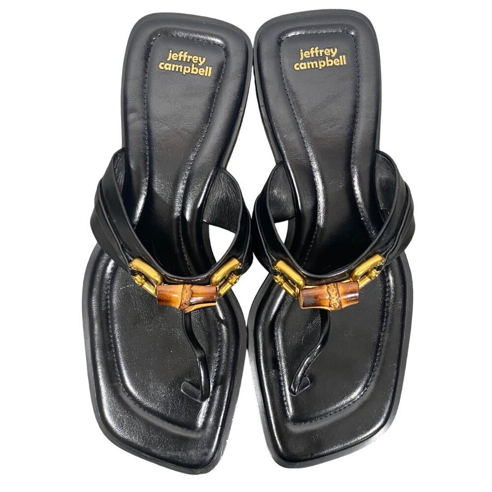 Jeffrey Campbell Black Leather Thong Sandals with Gold & Tan Hardware - Picture 3 of 14